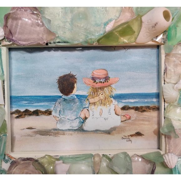 Handmade Shells & Sea Glass Framed Art Decor & Drawing Beach Dating Theme Signed - Picture 2 of 15